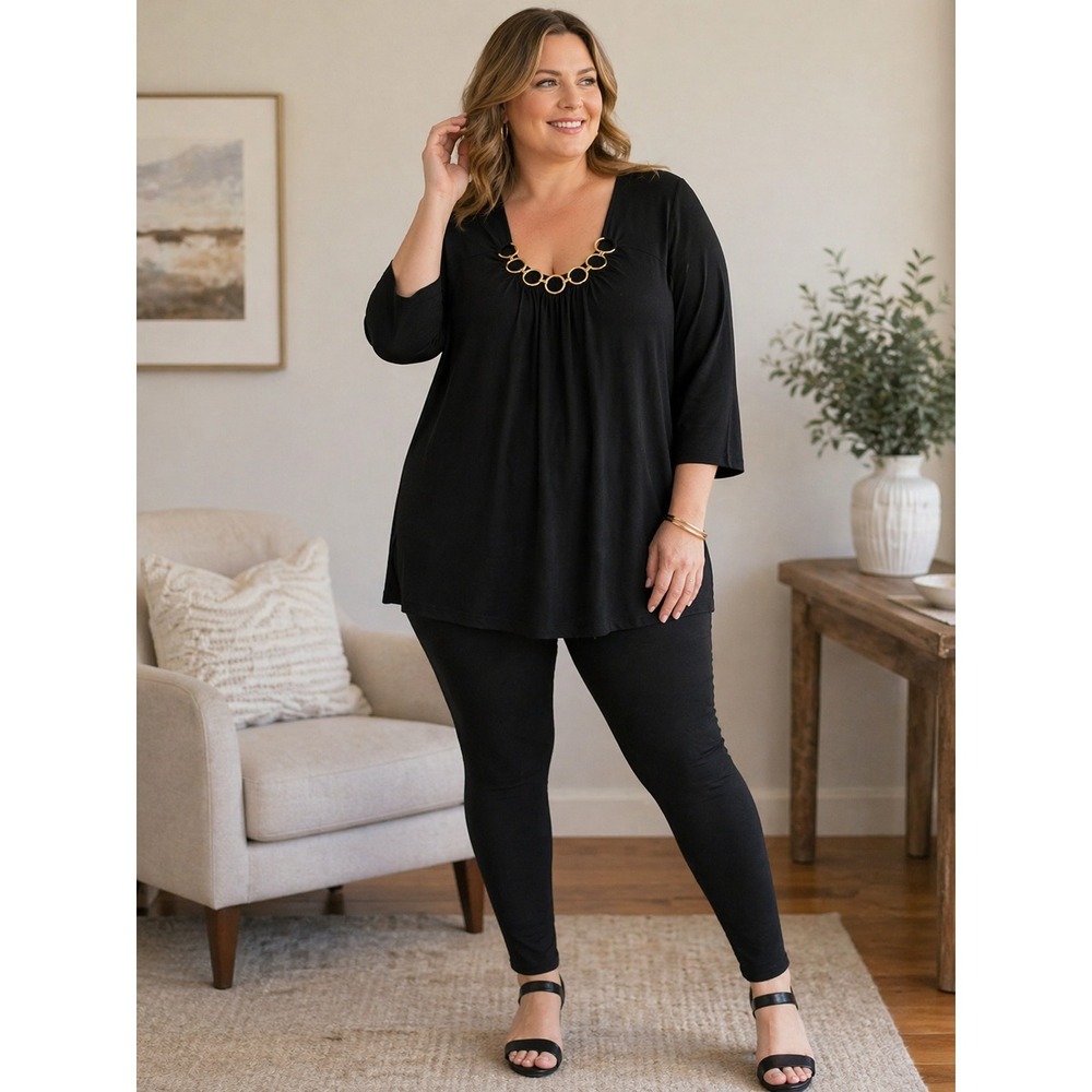 Soft Surroundings Tunic Top 2X Black Gold‎ Ring Detail Boho Long Sleeve Blouse
